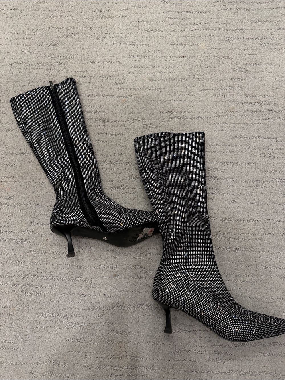 Rhinestone-Embellished Black Mid-Calf Kitten Heel Boots